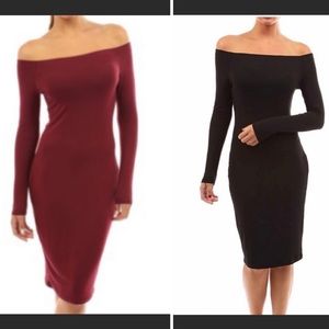 Sexy Little Off Shoulder Midi Fitted Dress - Burgundy